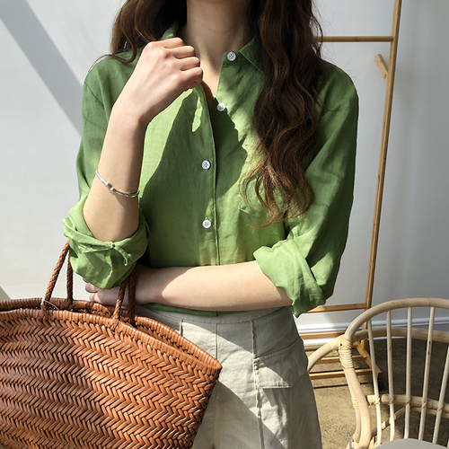 洋气复古绿 棉麻防晒衣 21夏装新款 韩国东大门洋气舒适衬衫女