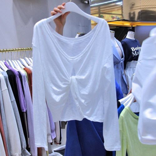 韩国东大门2021早秋新款内搭纯棉长袖V领打底衫女白T恤设计感上衣
