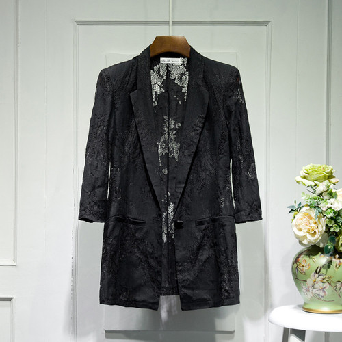 蕾丝西服女七分袖2021新款韩版修身显瘦钩花镂空薄款气质西装外套